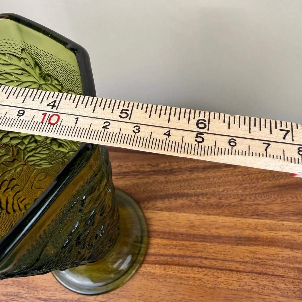 Indiana Glass Harvest Grape Olive Green Vintage Pedestal Vase 10 Inch Heptagon